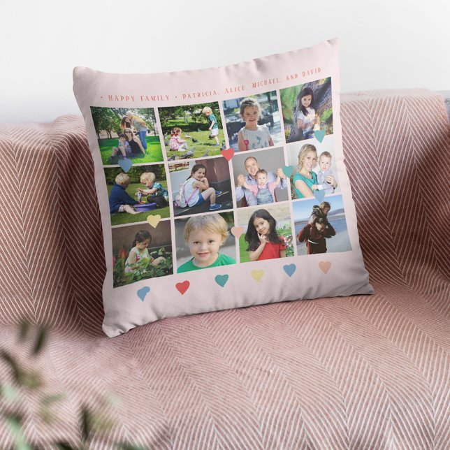 Custom collage family colourful hearts and script throw pillow (Creator Uploaded)