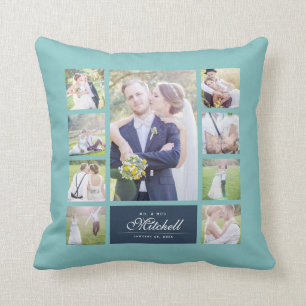 Custom Color Elegant Script Mr & Mrs Photo Collage Throw Pillow