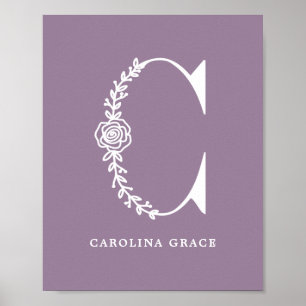 Custom Color Floral Monogram Letter C Name Nursery Poster