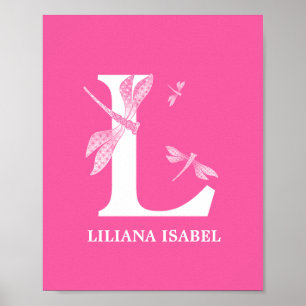 Custom Color Monogram Letter L Dragonfly Girl Room Poster