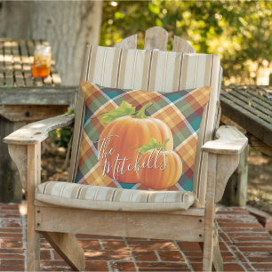 Custom Colorful Autumn Colors Plaid Checks Pattern Outdoor Pillow