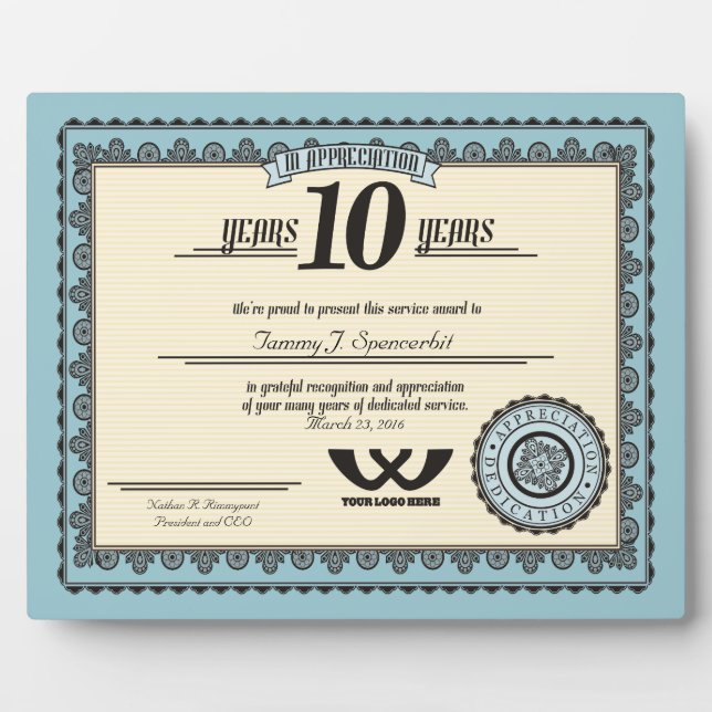 Custom colour 10 year employment service award plaque (Front)