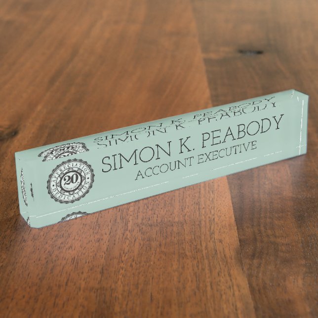 Custom colour 20 year employment service award nameplate (Side)