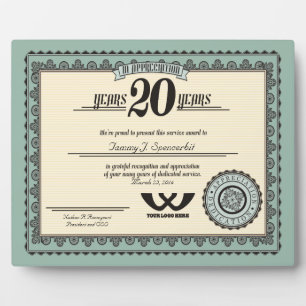 Custom colour 20 year employment service award plaque