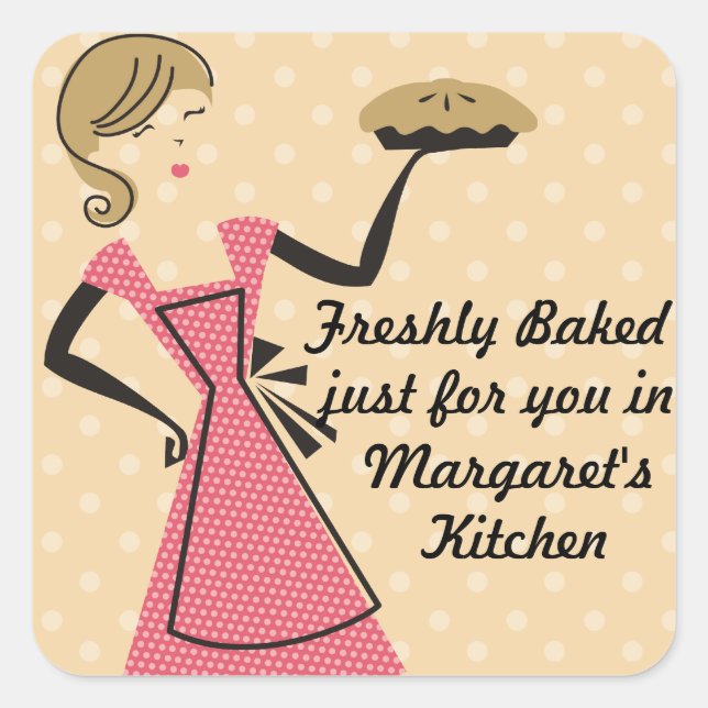 custom colour bakery retro baking pie girl square sticker (Front)
