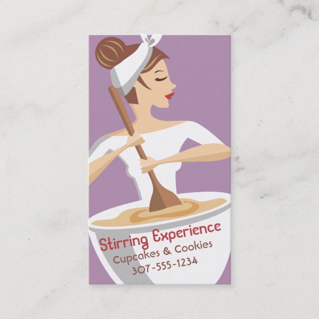 Custom colour bakery woman stirring giant bowl business card (Front)
