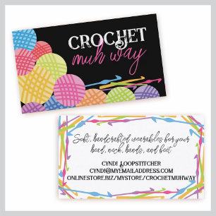 Custom colour balls of yarn crochet hooks biz business card