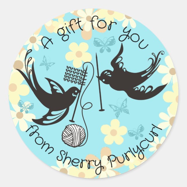 Custom colour birds knitting needles ball of yarn classic round sticker (Front)