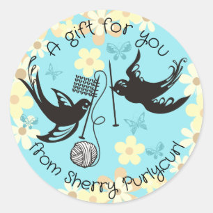 Custom colour birds knitting needles ball of yarn classic round sticker