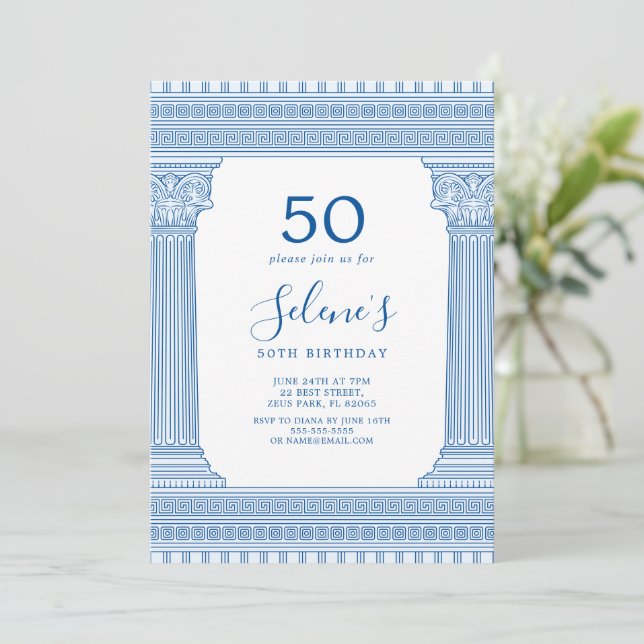 custom colour birthday party with Greek temple Invitation (Standing Front)