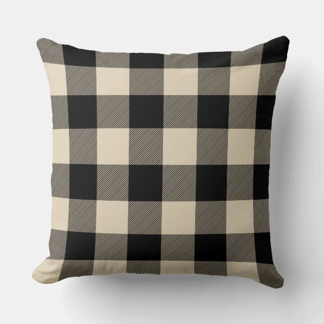 Custom Colour Black and Beige Buffalo Check Plaid Throw Pillow (Front)
