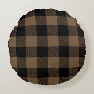 Custom Colour Black and Brown Buffalo Check Plaid Round Pillow