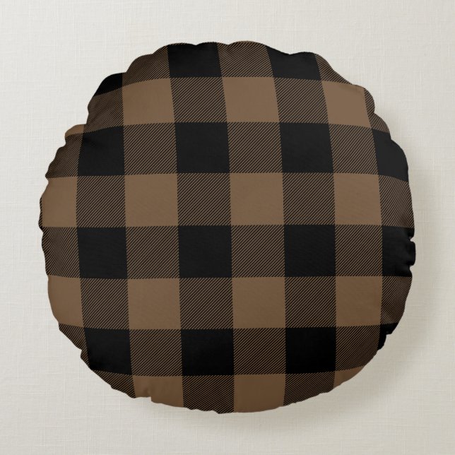 Custom Colour Black and Brown Buffalo Check Plaid Round Pillow (Front)