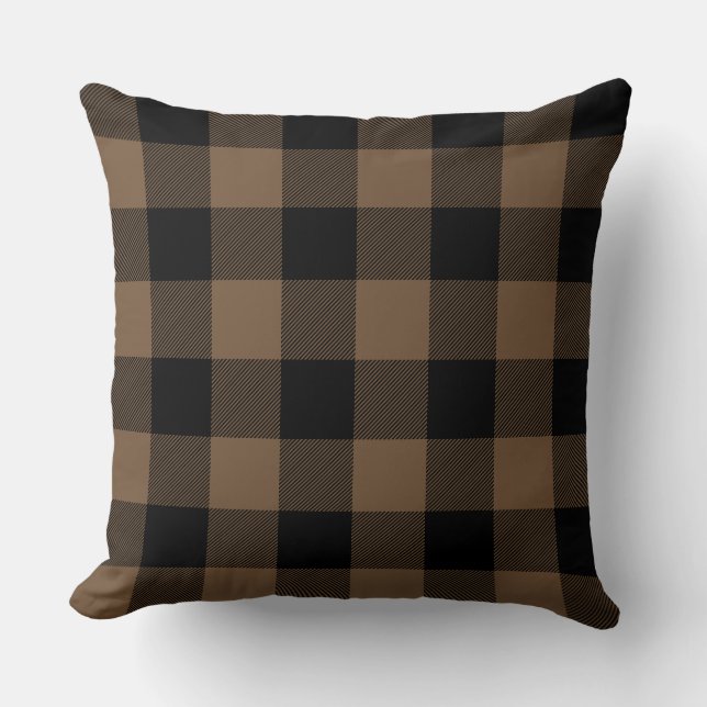 Custom Colour Black and Brown Buffalo Check Plaid Throw Pillow (Front)