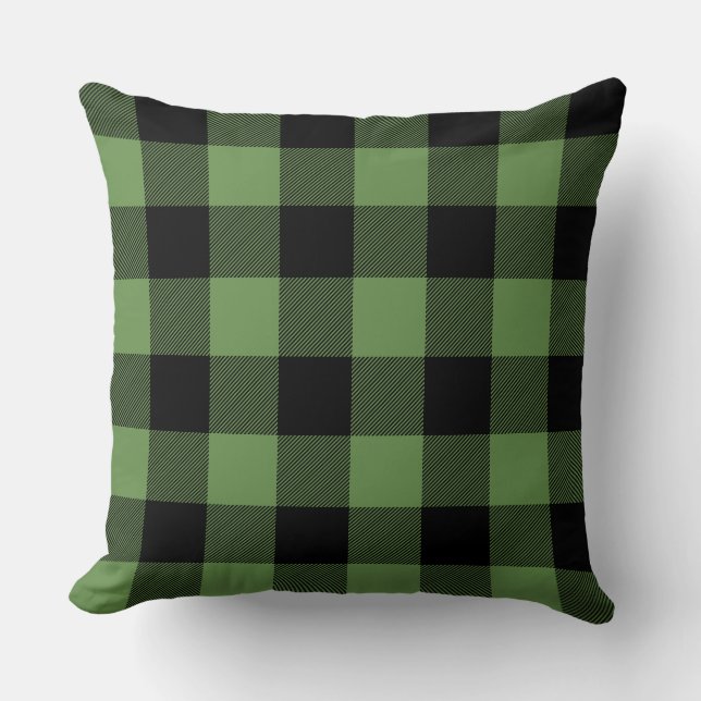 Custom Colour Black and Green Buffalo Check Plaid Throw Pillow (Front)
