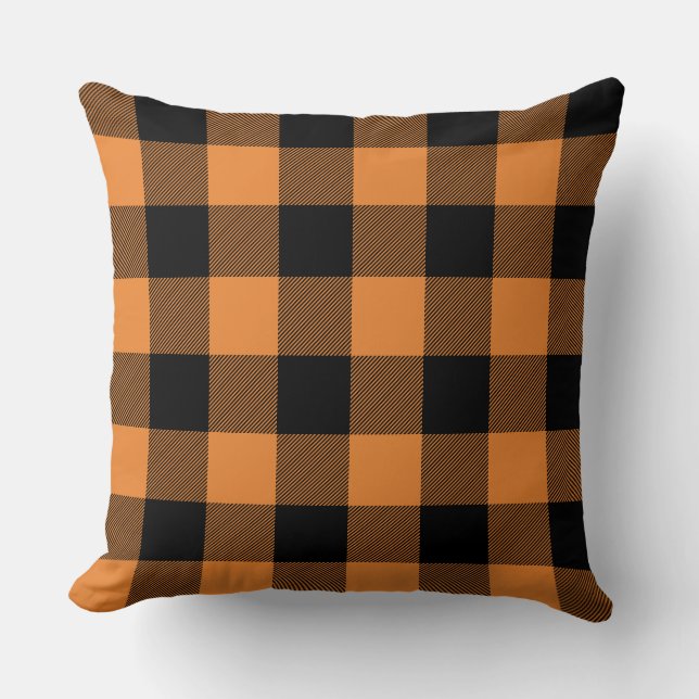 Custom Colour Black and Orange Buffalo Check Plaid Throw Pillow (Front)