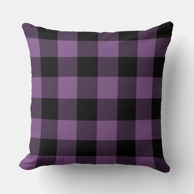 Custom Colour Black and Purple Buffalo Check Plaid Throw Pillow (Front)