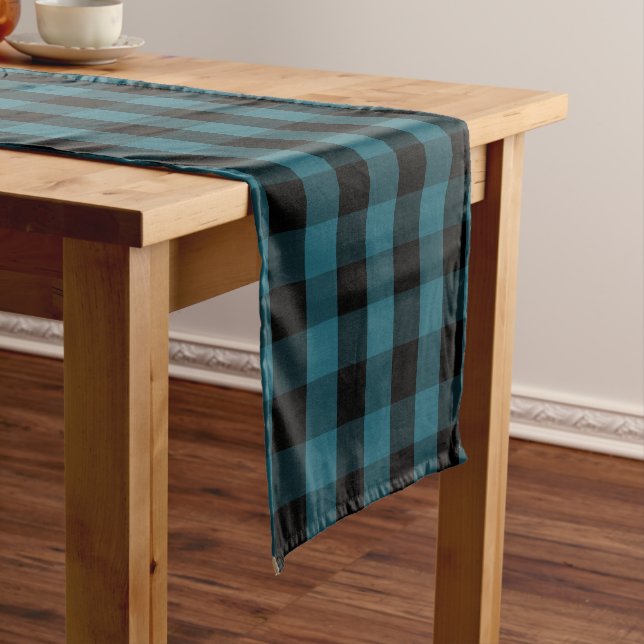 Custom Colour Black Blue Gingham Check Pattern Short Table Runner (In Situ)