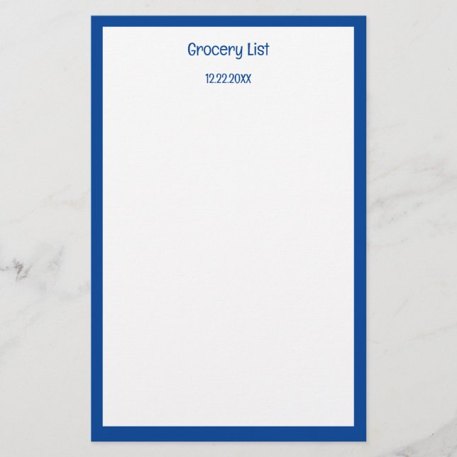 Custom Colour Blue Border Grocery Shopping List Stationery (Front)