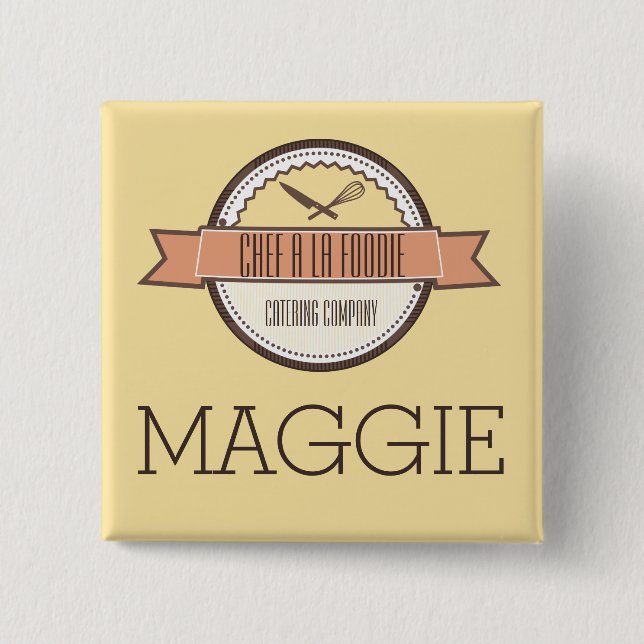 Custom colour chefs knife whisk cooking name badge 2 inch square button (Front)