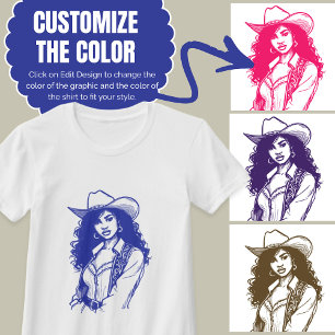 Custom Colour Cowgirl Line Drawing Country Western T-Shirt