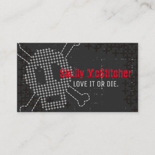 Custom colour cross stitch embroidery skull bones business card