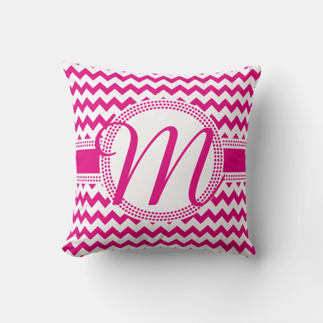 Custom Colour Cursive Monogram Hot Pink and White Throw Pillow (Front)
