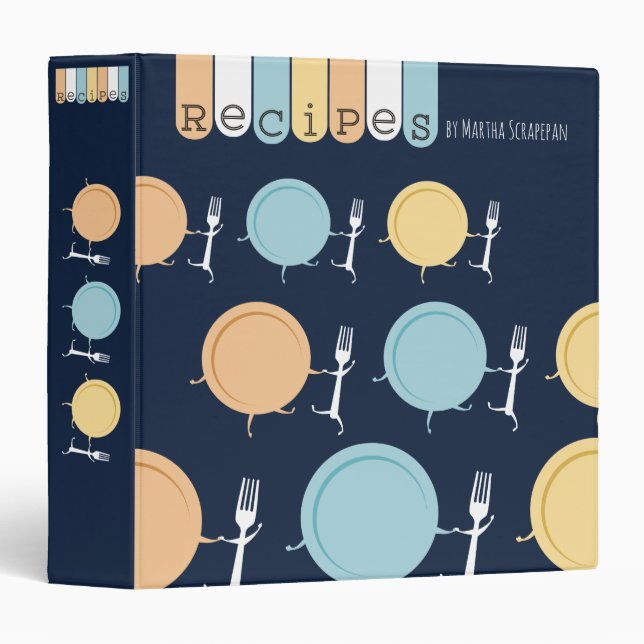 Custom colour dancing plate fork recipe cookbook binder (Front/Spine)