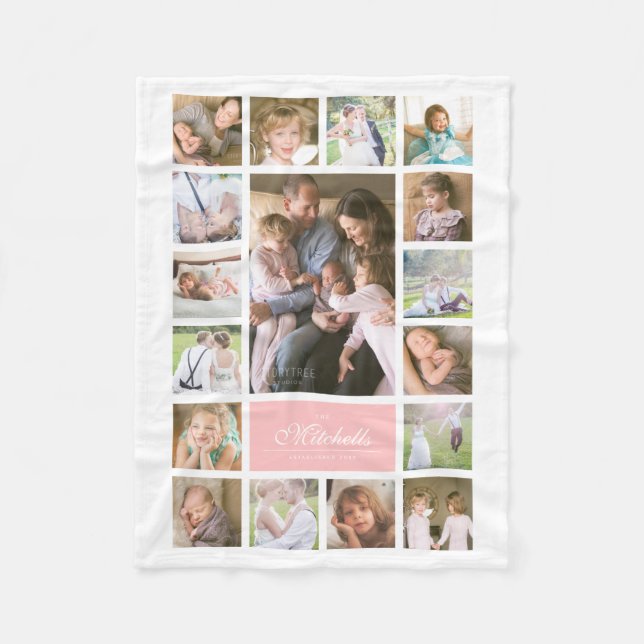 Custom Colour Elegant Script Family Photo Collage Fleece Blanket (Front)