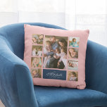 Custom Colour Elegant Script Family Photo Collage Throw Pillow<br><div class="desc">Photo collage pillow with 9 photos arranged in a grid layout on the front and back making it 18 photos in total that you can replace with you own photos featuring your family name in an elegant script. This versatile pillow design also has editable colours. You can change the background...</div>