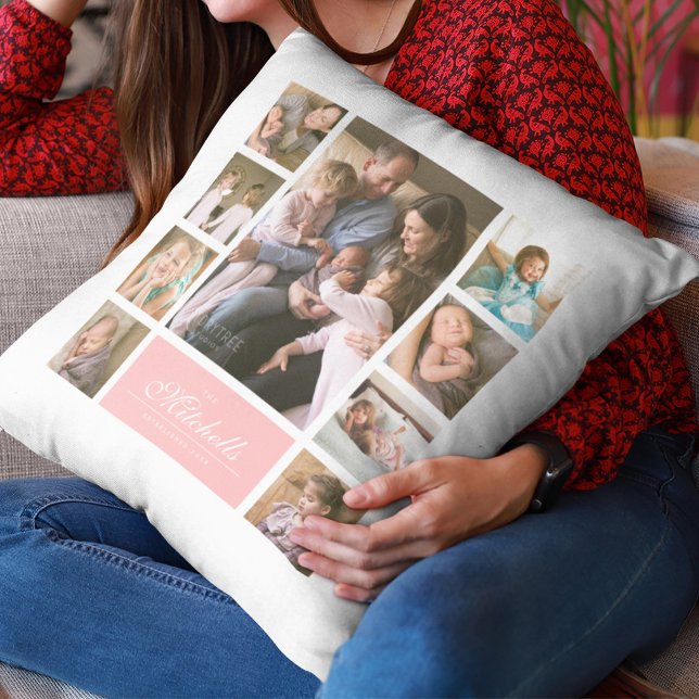 Custom Colour Elegant Script Family Photo Collage Throw Pillow (Creator Uploaded)