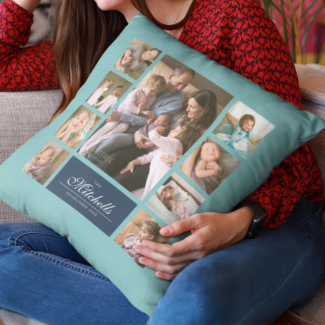 Custom Colour Elegant Script Family Photo Collage Throw Pillow (Creator Uploaded)
