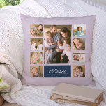 Custom Colour Elegant Script Family Photo Collage Throw Pillow<br><div class="desc">Photo collage pillow with 9 photos arranged in a grid layout on the front and back making it 18 photos in total that you can replace with you own photos featuring your family name in an elegant script. This versatile pillow design also has editable colours. You can change the background...</div>