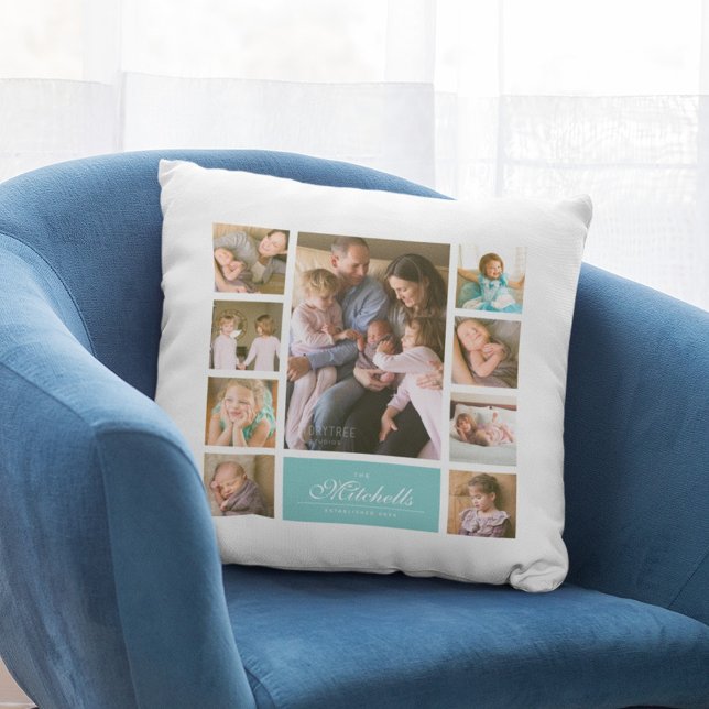 Custom Colour Elegant Script Family Photo Collage Throw Pillow (Creator Uploaded)
