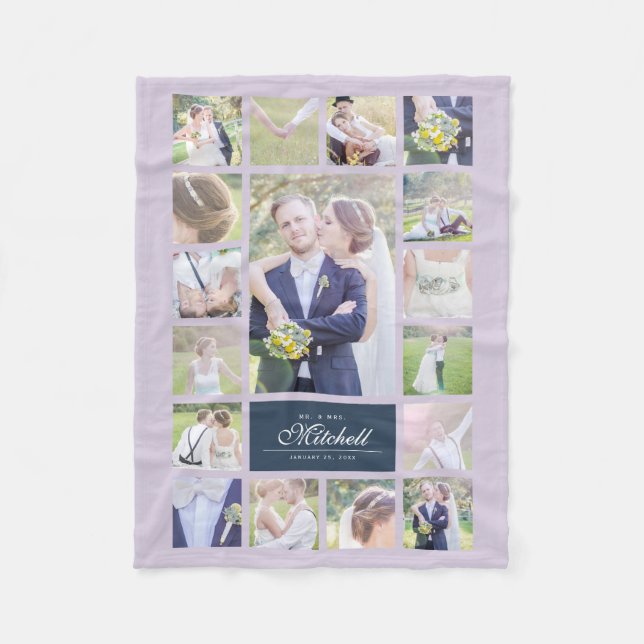 Custom Colour Elegant Script Mr & Mrs Photo Collag Fleece Blanket (Front)