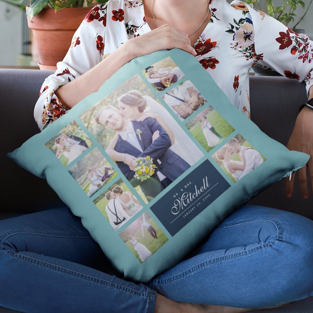 Custom Colour Elegant Script Mr & Mrs Photo Collag Throw Pillow (Creator Uploaded)