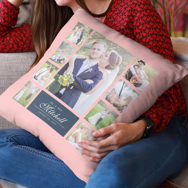 Custom Colour Elegant Script Mr & Mrs Photo Collag Throw Pillow (Creator Uploaded)