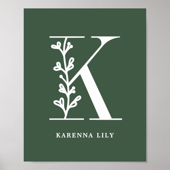 Custom Colour Floral Monogram Letter K Name Nurser Poster (Front)