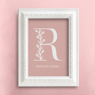 Custom Colour Floral Monogram Letter R Name Nurser Poster