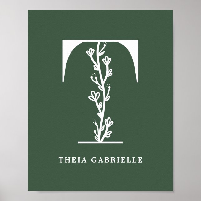 Custom Colour Floral Monogram Letter T Name Nurser Poster (Front)