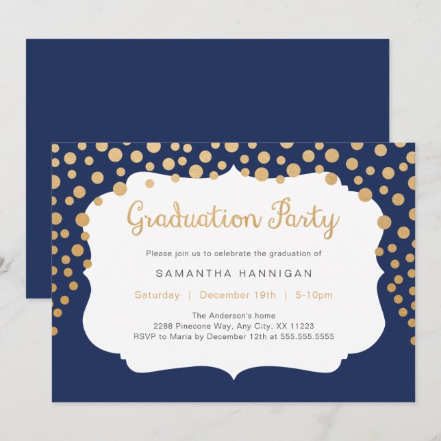 Custom colour gold confetti graduation party invitation (Front/Back)