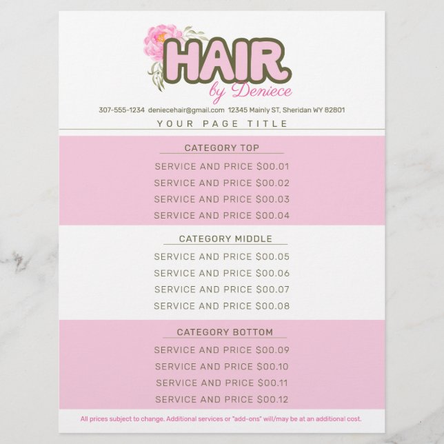 Custom colour hair stylist salon service price lis letterhead (Front)