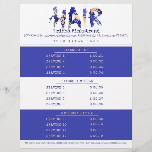 Custom colour hair stylist salon service price lis letterhead (Front)