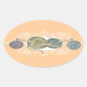 Custom colour hand drawn knitting needles yarn oval sticker