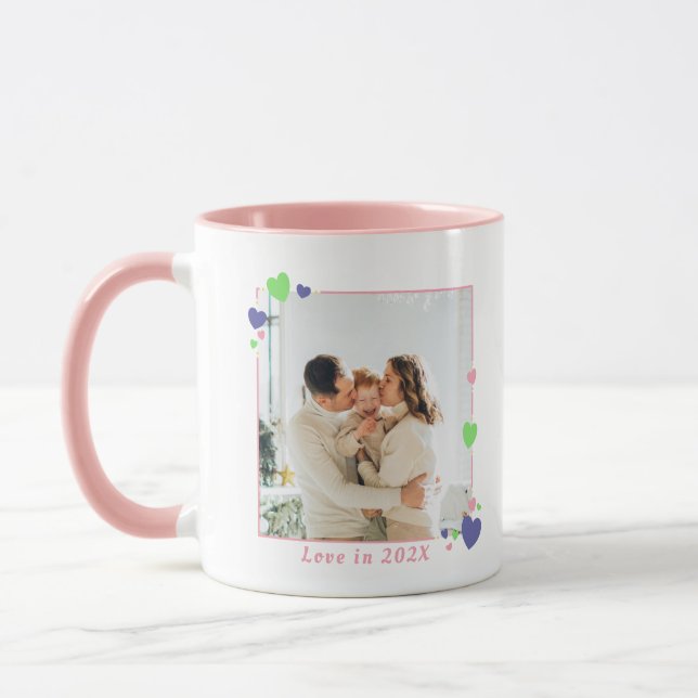 Custom Colour Hearts Frame Family Photo Mug (Left)