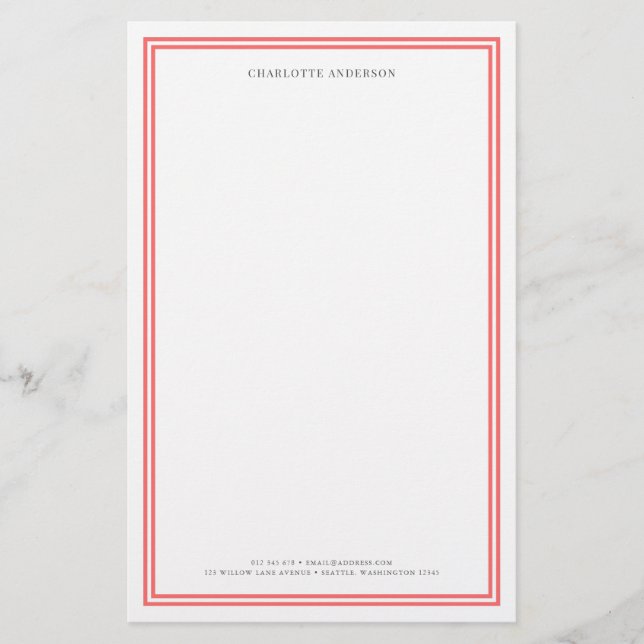 Custom Colour Modern Classic Borders Personalized Stationery (Front)
