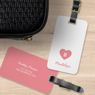 Custom Colour Monogram Heart Modern Script Luggage Tag