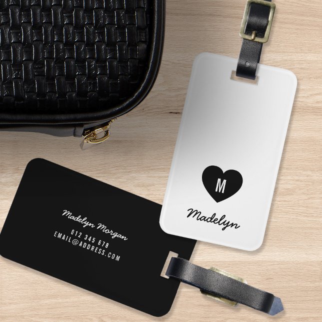 Custom Colour Monogram Heart Modern Script Luggage Tag (Creator Uploaded)