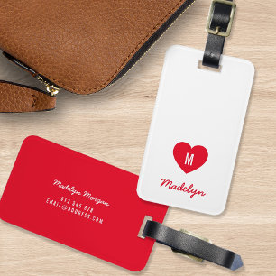 Custom Colour Monogram Heart Modern Script Luggage Tag