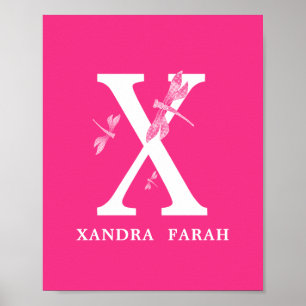 Custom Colour Monogram Letter X Dragonfly boy girl Poster